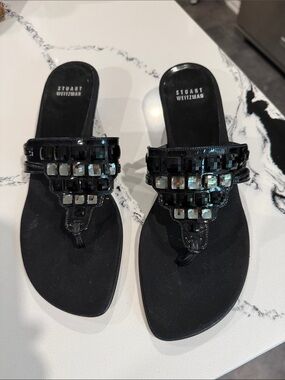 Stuart Weitzman Black Jeweled Thong Sandals